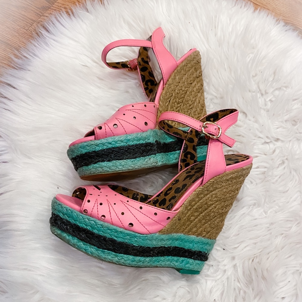 Jessica Simpson Pink Espadrille Wedge Sandals with Teal and Black Stripes